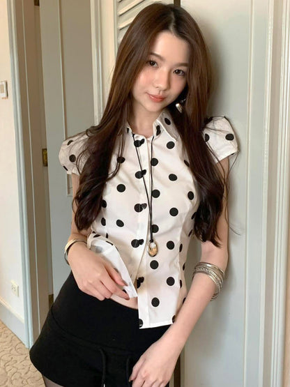 Polka Dot Print Short Sleeve Loose Versatile Blouse
