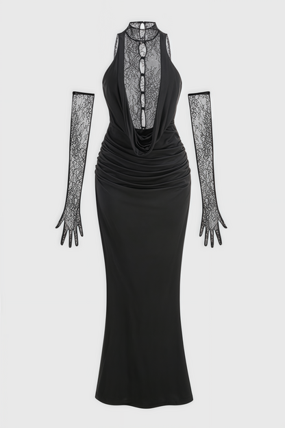 Lazze Black Plunge Cowl Neck Maxi Dress