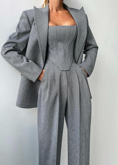 Charcoal Gray Corset Jumpsuit With Matching Blazer