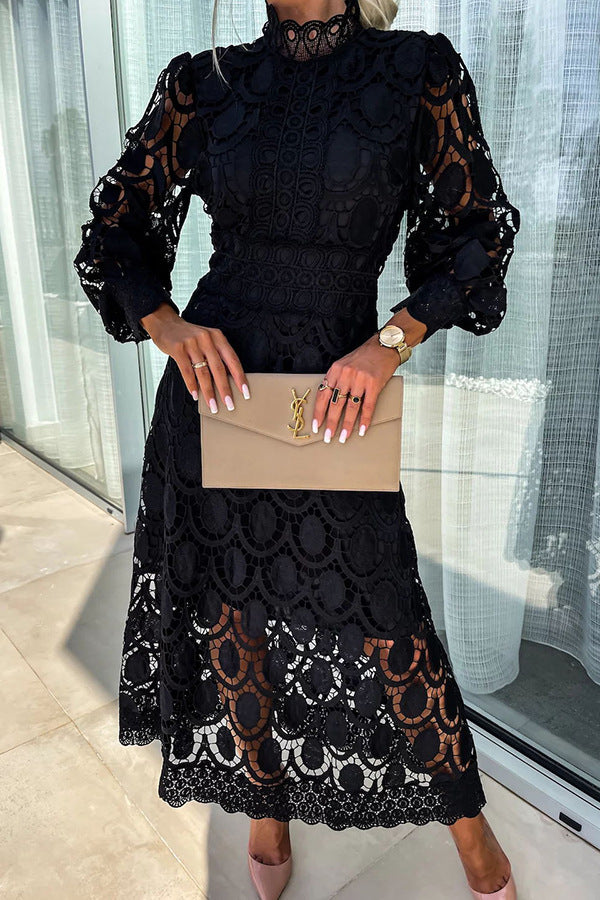 French Party Sensual Party Crochet Lace Lantern Sleeves Party Midi Skirt