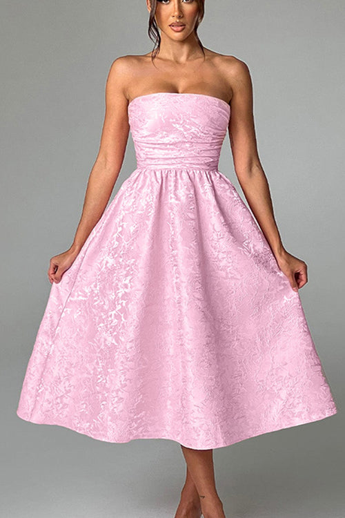 Jacquard Fabric Strapless Open Back Slim Midi Dress