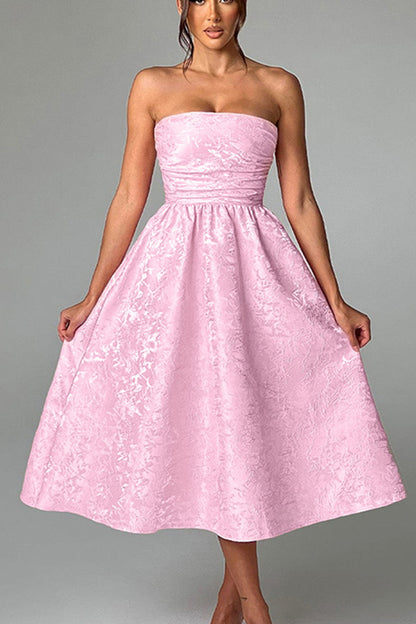 Jacquard Fabric Strapless Open Back Slim Midi Dress