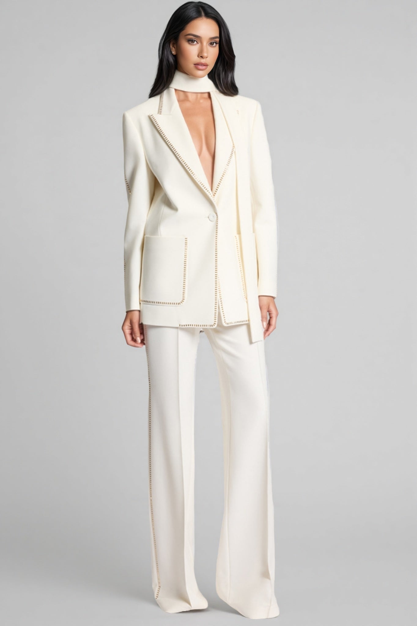 Eos Rhinestone Pocket Blazer High Waisted Pants Set