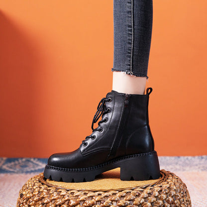 Cowhide Autumn Flat Ankle Retro Round Toe Martin Boots