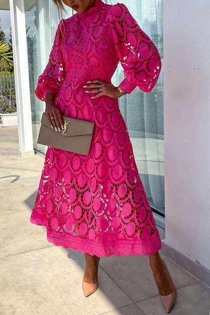 French Party Sensual Party Crochet Lace Lantern Sleeves Party Midi Skirt