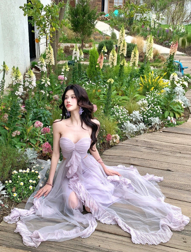 Strapless Purple Tulle Maxi Dress _ Summer Beach Vacation Outfit
