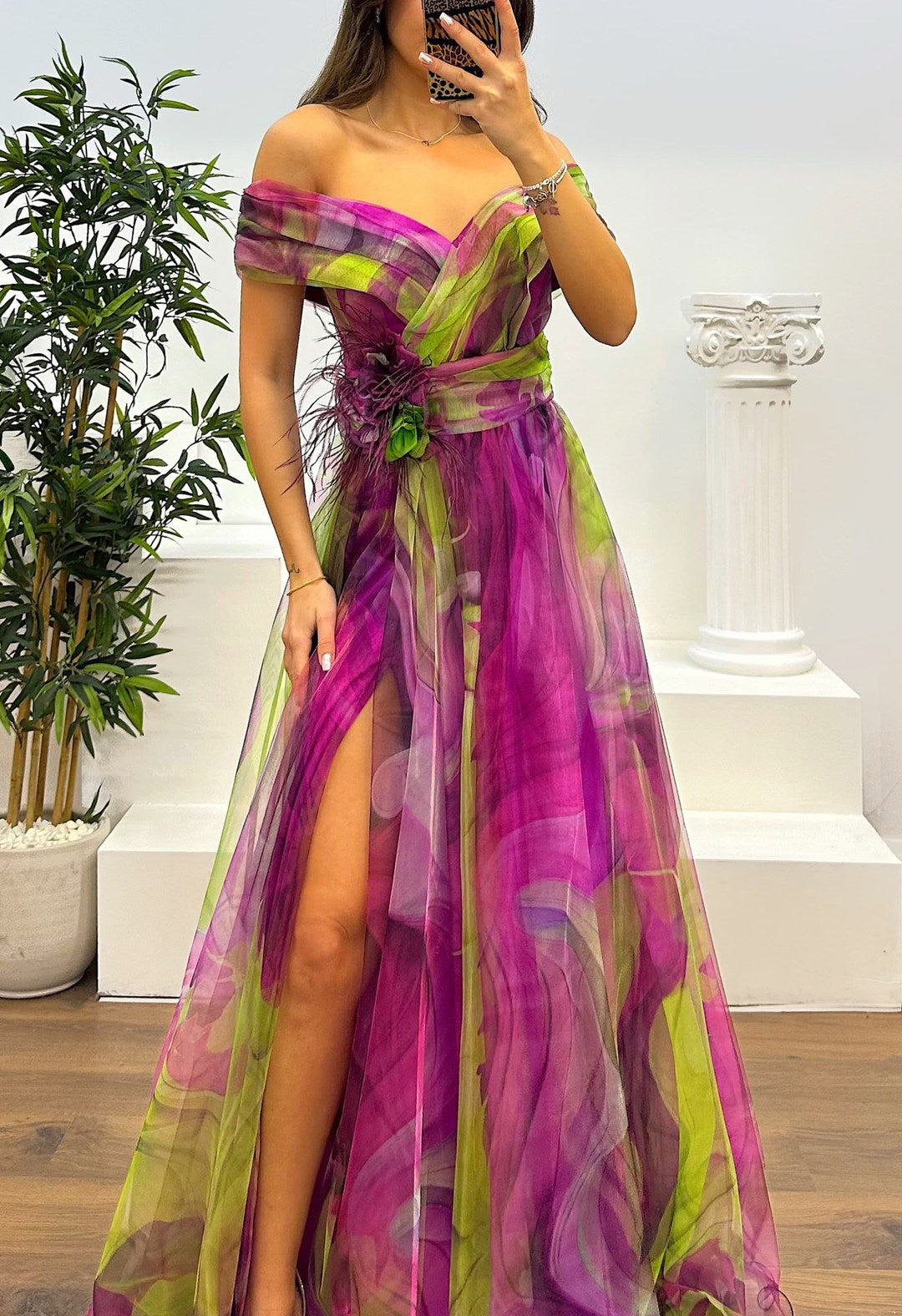Fairy Flower Feather Pendant Fallen Fold Off Shoulder Party Split Design Long Dress