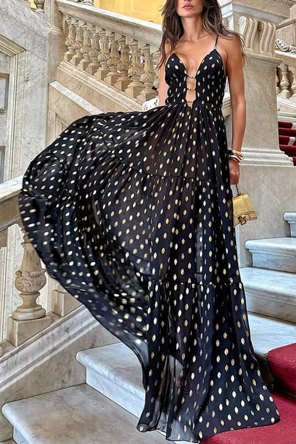 Party Charm Polka Dot Black Design Chiffon Gold Polka Dot Print Hollow Out Lightweight Long Skirt