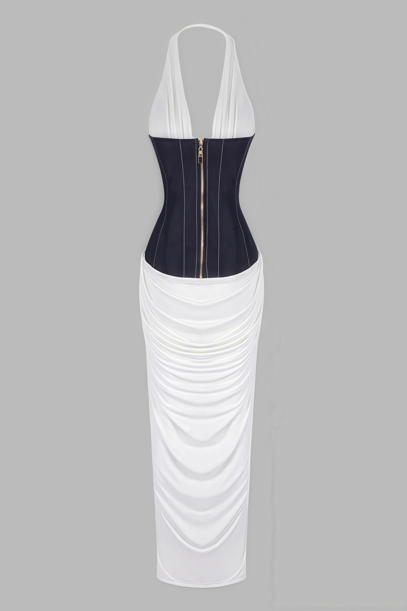 Sarads Deep V White Denim Maxi Dress