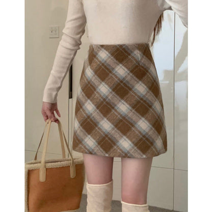 Wool Plaid High Waist Skirt