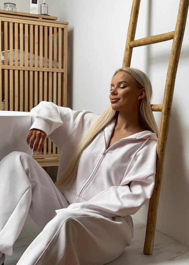 Soft Beige Zip Hoodie and Wide-leg Pants Set – ’s Relaxed Fit Tracksuit