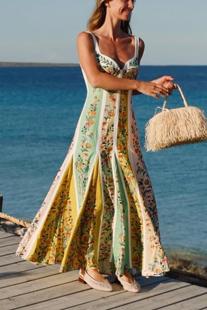 Sweet Garden Linen Blend Color Block Paneled Maxi Dress
