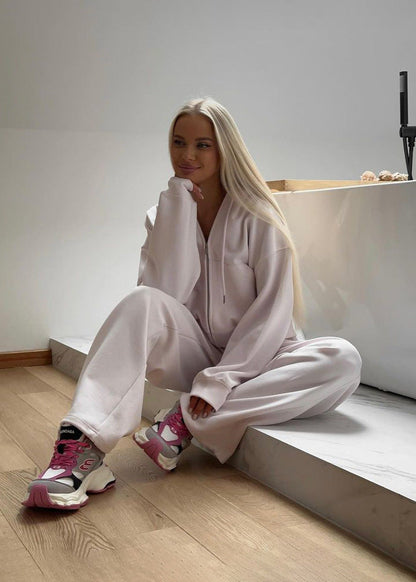 Soft Beige Zip Hoodie and Wide-leg Pants Set – ’s Relaxed Fit Tracksuit