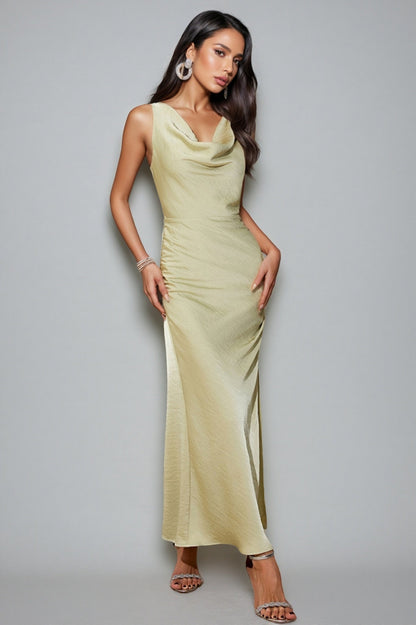 Dereka Backless Round Neck Satin Maxi Dress
