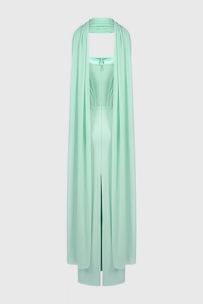 Gened Green Ribbon Sheer Chiffon Maxi Dress