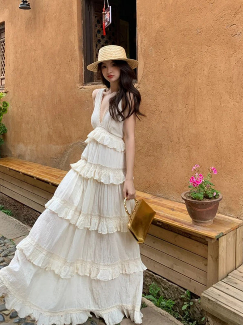 French Soft Ruffle Tiered Maxi Dress _ Cotton Linen Vacation Gown for Summer Gunne Sax Dress