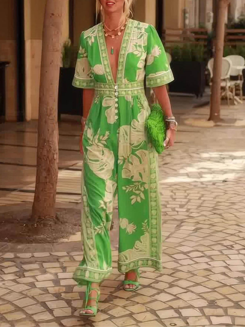 Fresh Holiday Print V-neck Short Sleeve Jumpsuit
