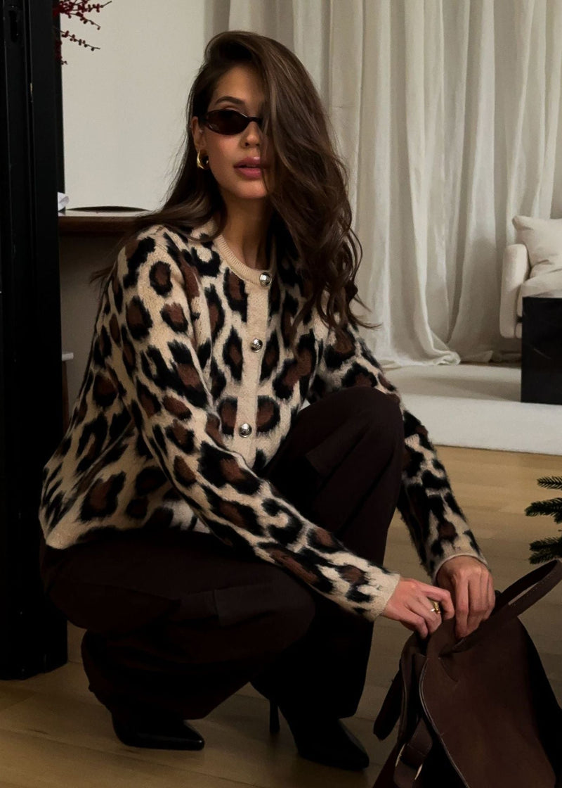 Leopard Print Button-up Knit Cardigan