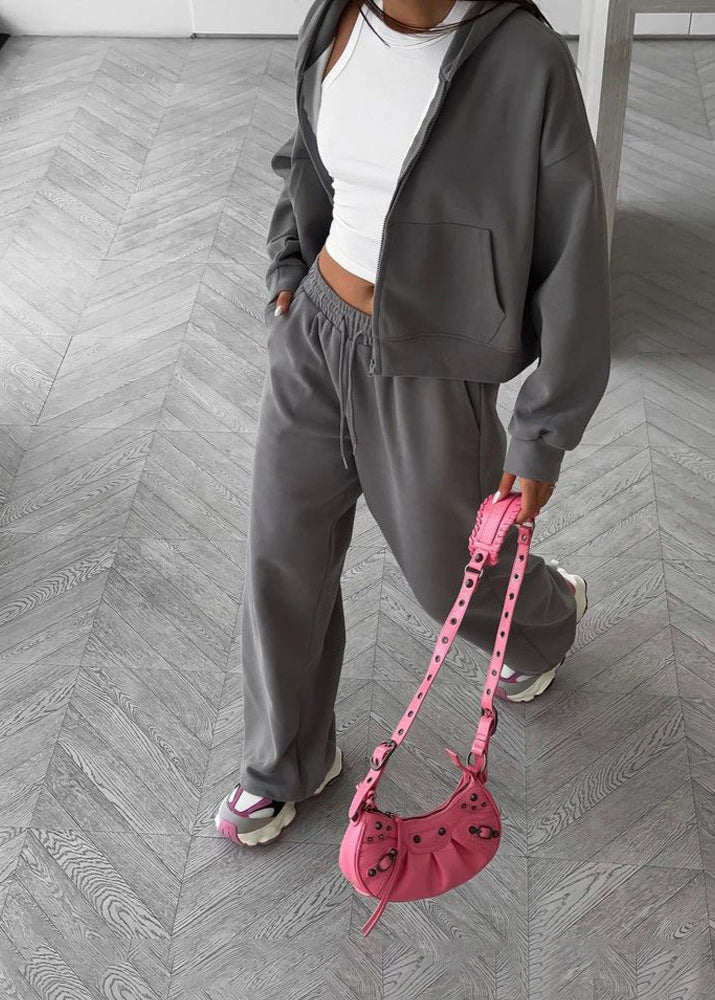 Charcoal Zip-up Hoodie and Wide-leg Pants Set – Cozy Two-piece Loungewear