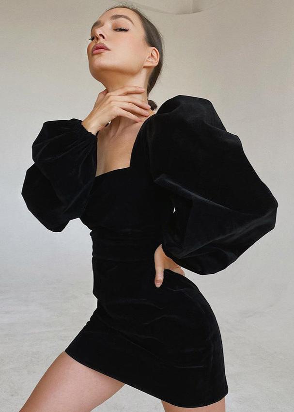 Velvety Balloon-sleeve Mini Dress