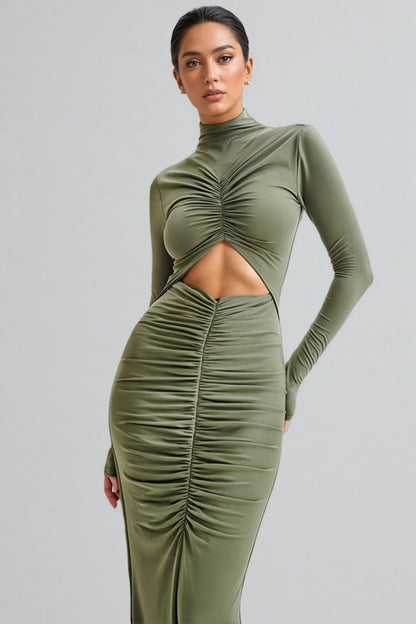 Tona Army Green Cutout Pleated Maxi Dress