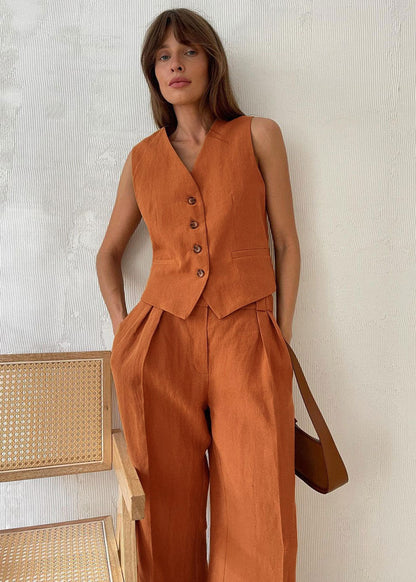 Linen Vest & Wide-leg Pants Set
