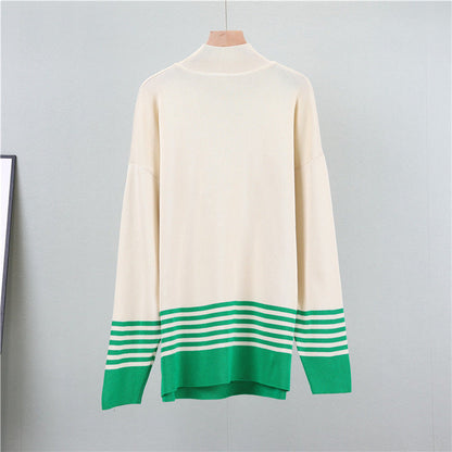 Green - Striped Half-turtleneck Sweater Two Piece Set