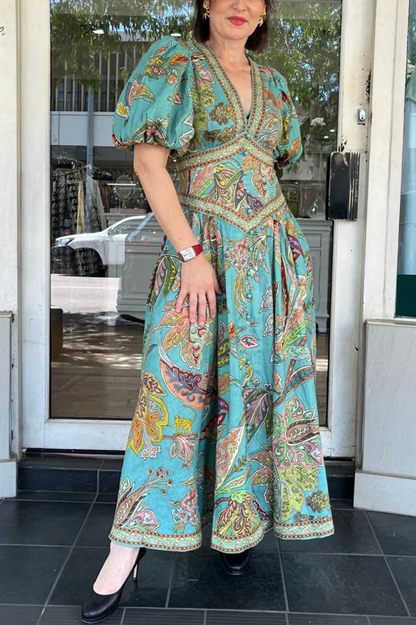Vacation Linen Blend Unique Print Button Puff Sleeve Pocket Maxi Dress