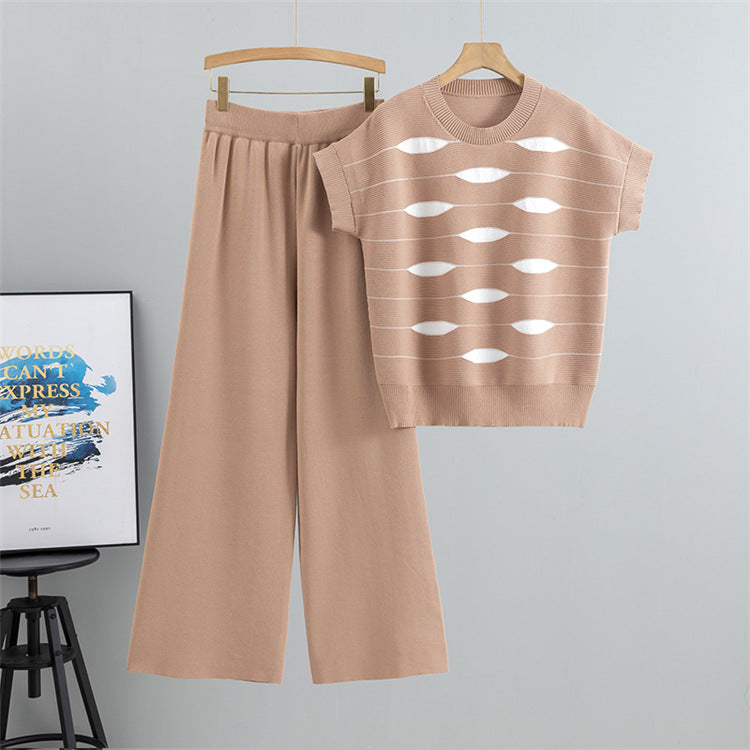 Khaki – Striped Short-sleeve Two Piece Set