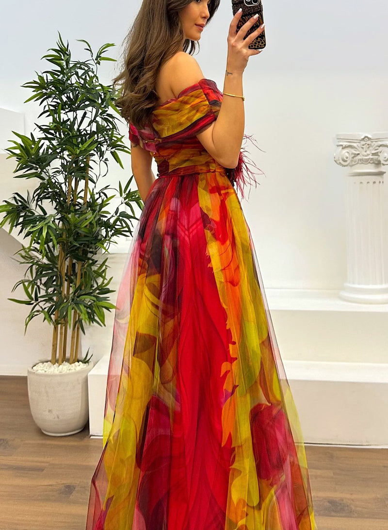 Fairy Flower Feather Pendant Fallen Fold Off Shoulder Party Split Design Long Dress
