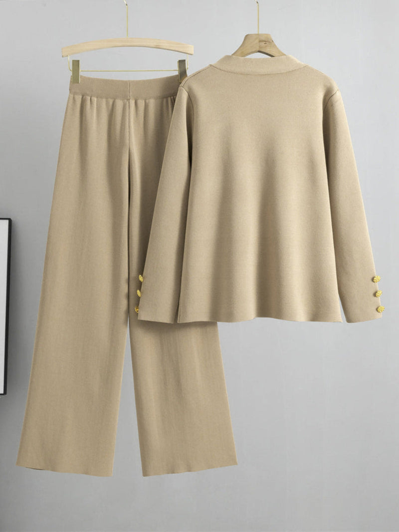 Knitted Cardigan Sweater Two Piece Set - Khaki