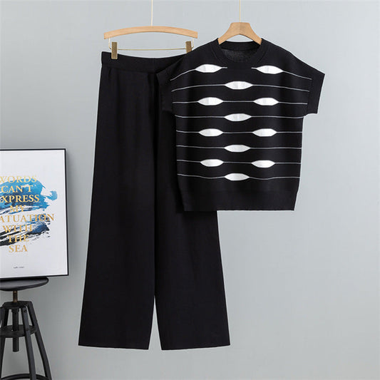 Black – Striped Short-sleeve Two Piece Set