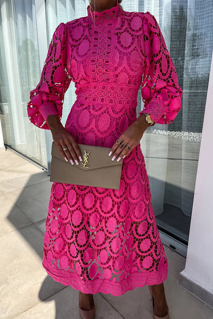 French Party Sensual Party Crochet Lace Lantern Sleeves Party Midi Skirt