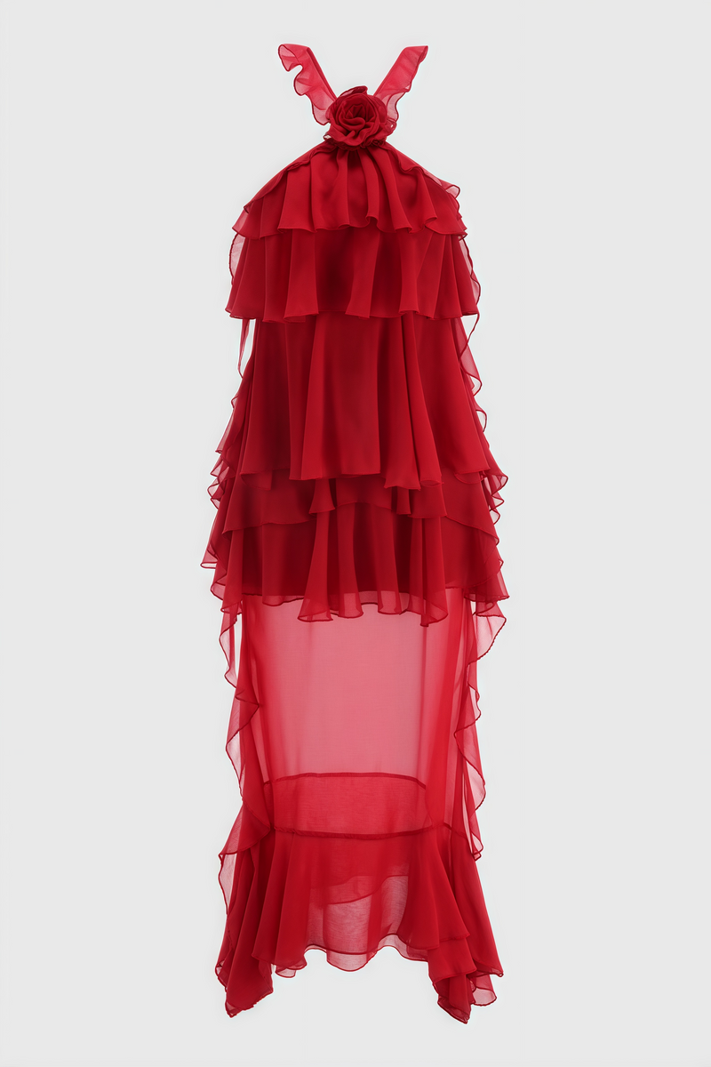 Roalk Red Ruffled 3d Flower Maxi Dress