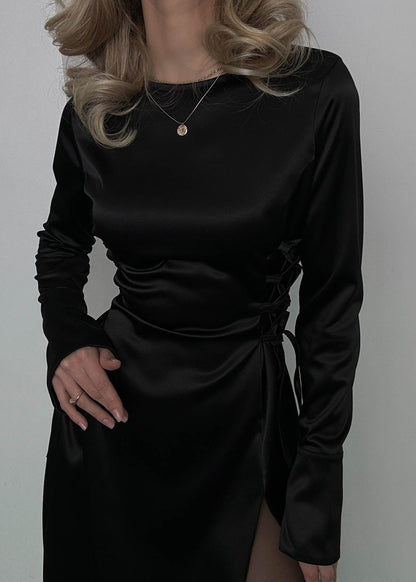 Valeria - Satin Side-tie Slit Midi Dress