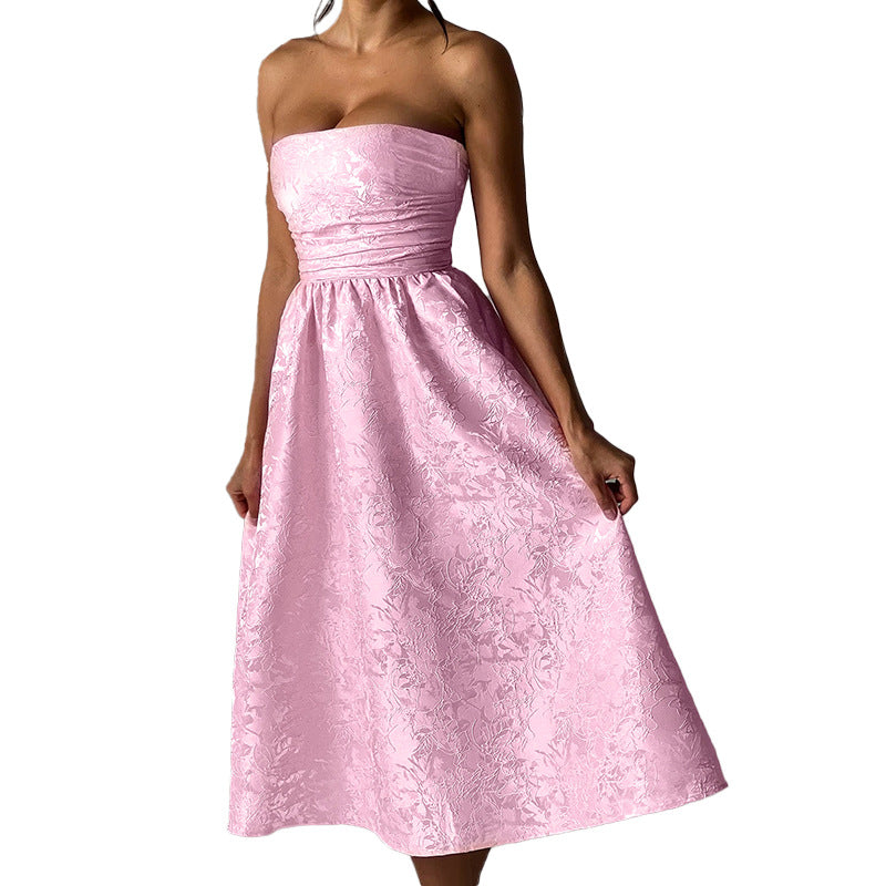 Jacquard Fabric Strapless Open Back Slim Midi Dress