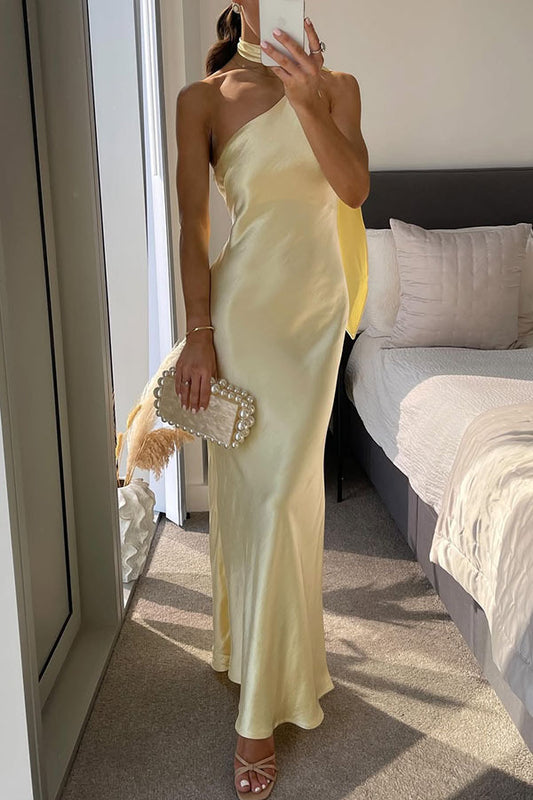 Milk White Party Dress Satin One Shoulder Scarf Long Skirt