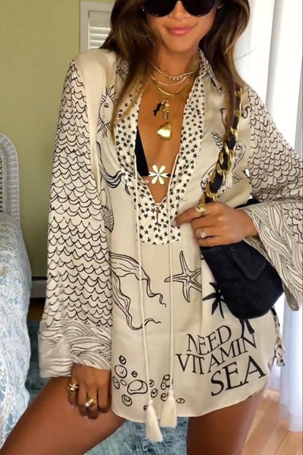 ' Wealthy Satin Unique Printed Tassel Shirt and Elastic Waist Shorts Set