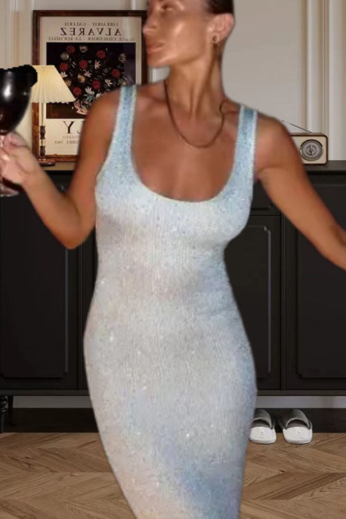 Consonak U Neck Sleeveless Sequin Bodycon Maxi Dress