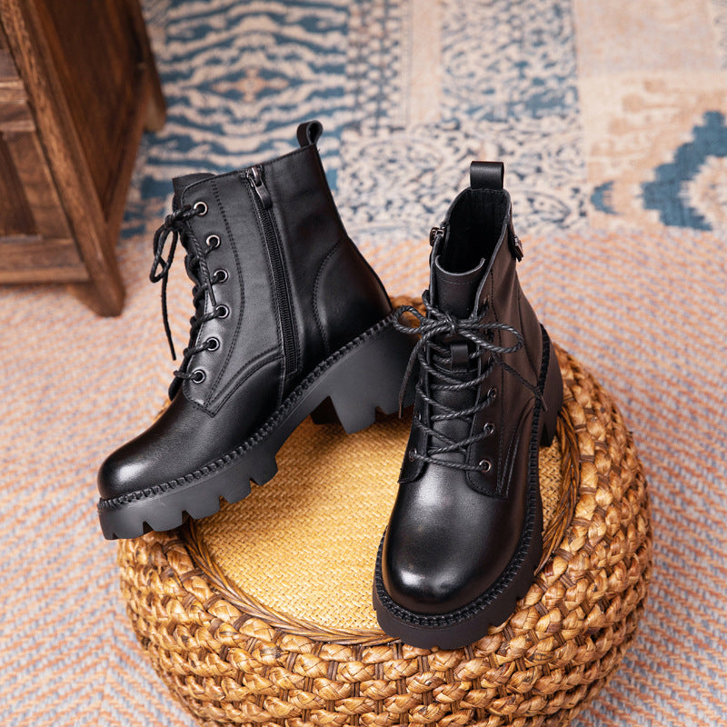 Cowhide Autumn Flat Ankle Retro Round Toe Martin Boots