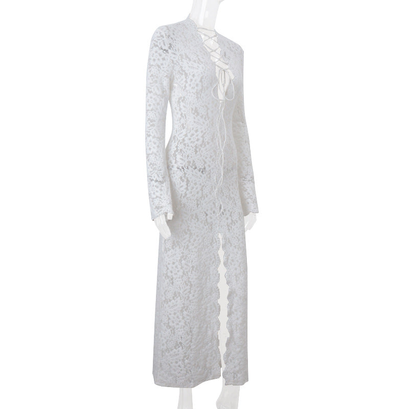 Garcelle Lace Lace-up Long Bell Sleeve Slit Midi Dress