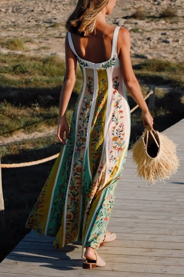 Sweet Garden Linen Blend Color Block Paneled Maxi Dress