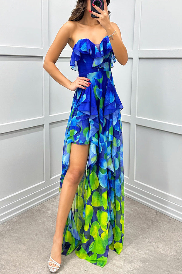 Fashionable Party Gradient Unique Printed Flowing Layered Pleated Strapless Slim Fit Long Skirt