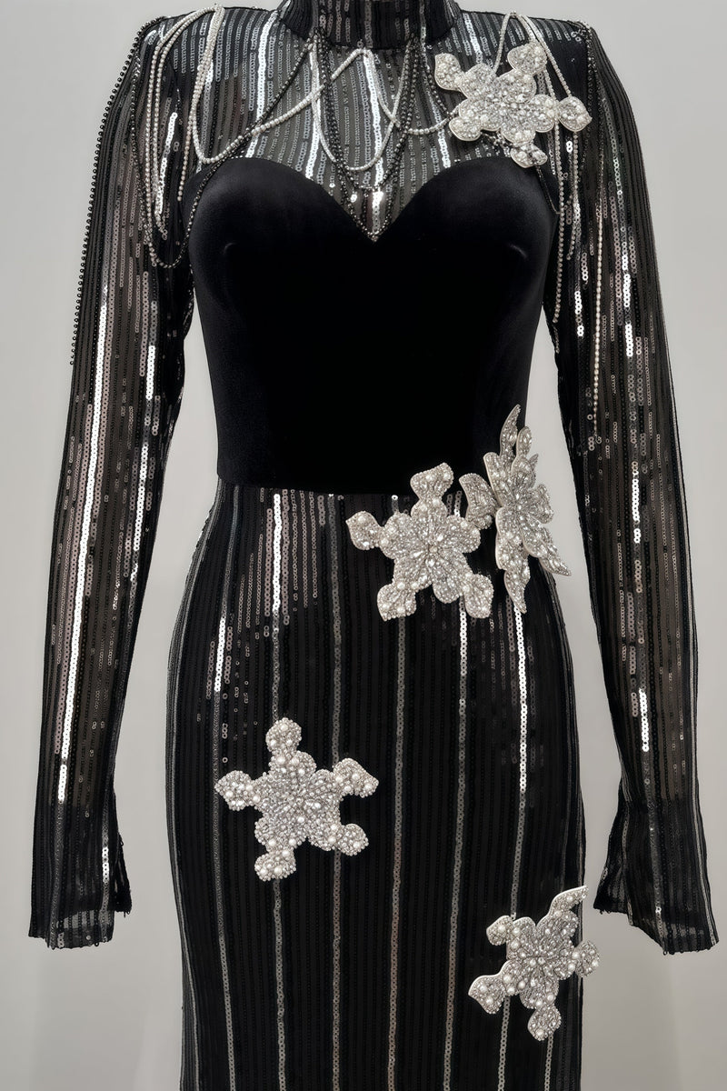 Aelik High Neck Sequin 3d Flower Maxi Dress