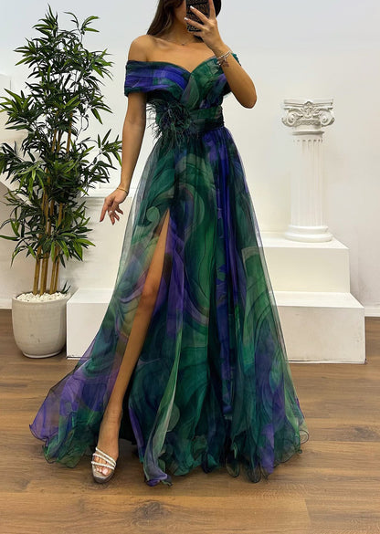 Fairy Flower Feather Pendant Fallen Fold Off Shoulder Party Split Design Long Dress