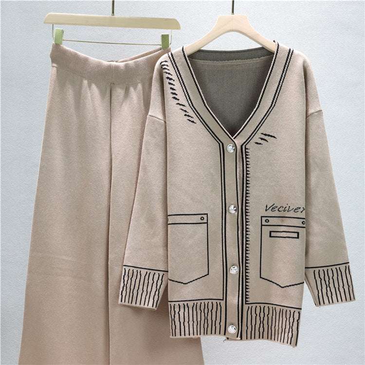 Khaki Mid-length Knitted Wide-leg Two Piece Set