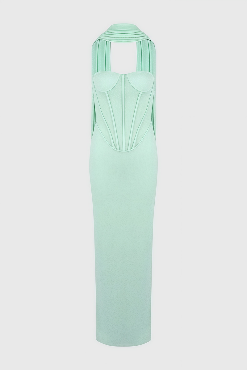 Gened Green Ribbon Sheer Chiffon Maxi Dress