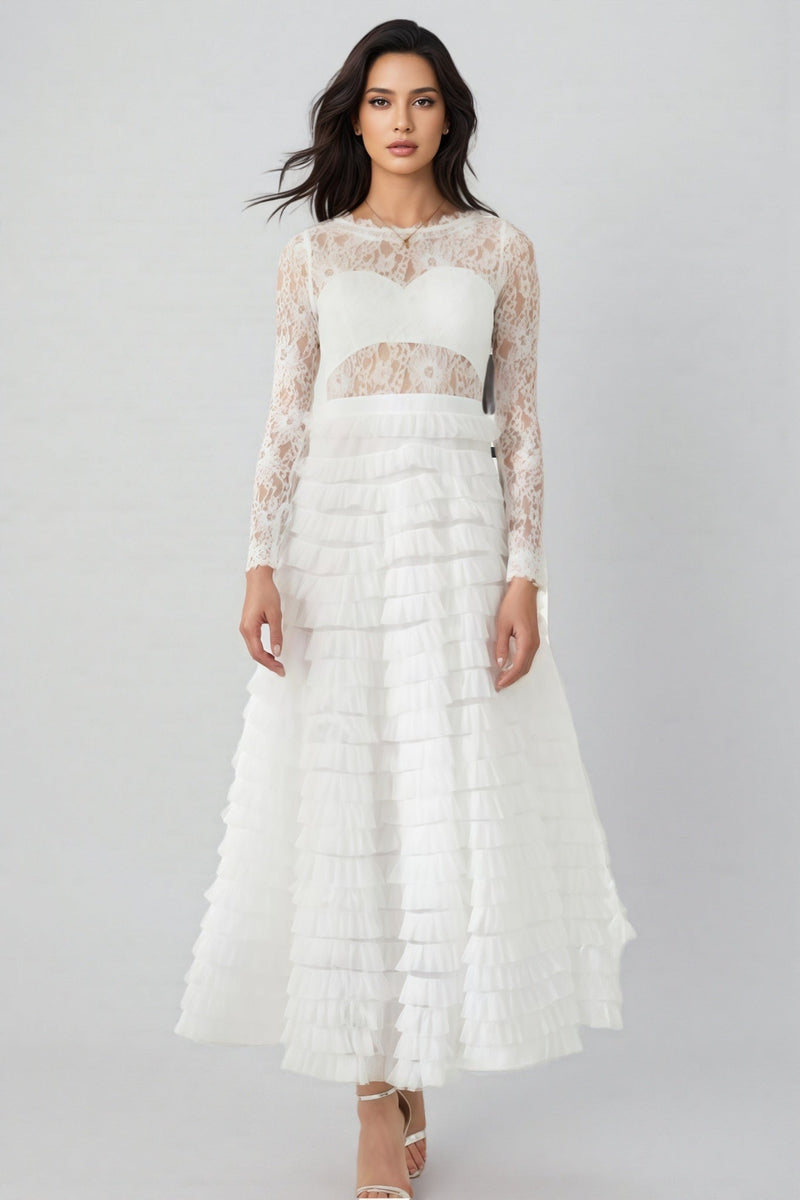 Yuio White Hollow Lace A-line Maxi Dress