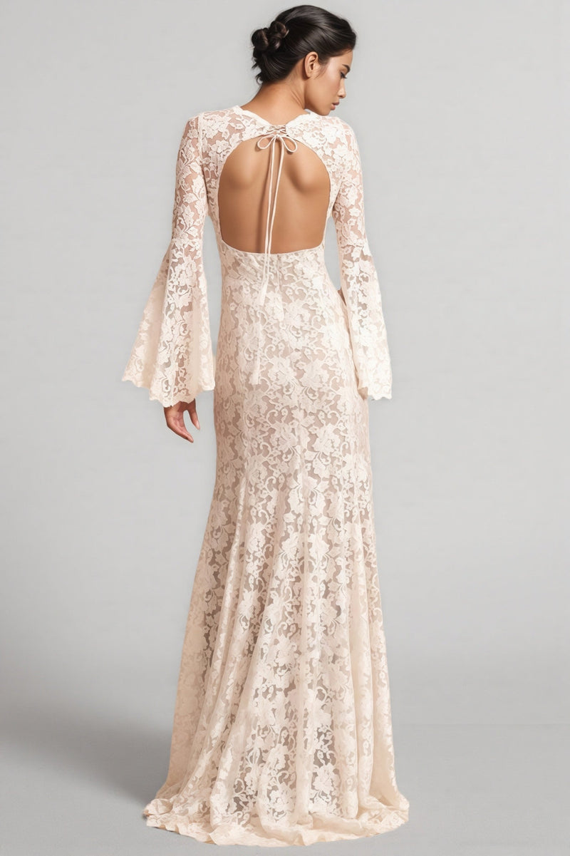 Zettad Flared Sleeve Backless Lace Maxi Dress