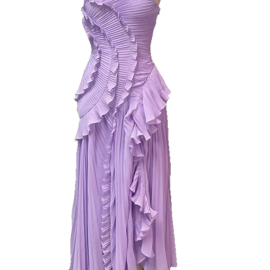 Halter Neck Pleated Maxi Dress _ High-quality Purple Vacation Dress
